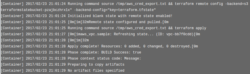 CodeBuild log output screenshot